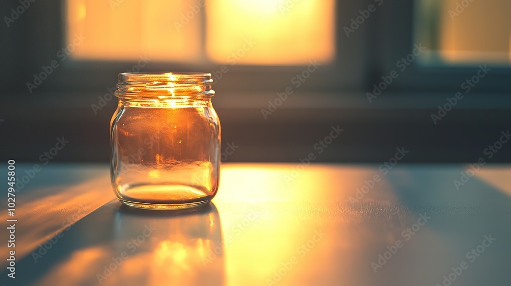 A clear glass jar rests atop a table, bathed in sunlight streaming through the window pane A clear glass jar rests atop a table, bathed in sunlight streaming through the window pane