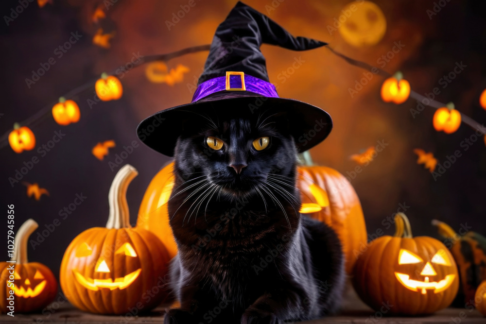 Black cat with witch hat sitting, surrounded by glowing Jack-o'-lantern pumpkins, defocused background with garland lights. For Halloween design, festive backdrop, holiday banner, seasonal promotion Black cat with witch hat sitting, surrounded by glowing Jack-o'-lantern pumpkins, defocused background with garland lights. For Halloween design, festive backdrop, holiday banner, seasonal promotion