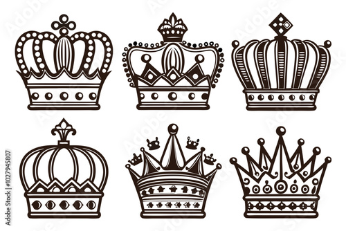 King, queen tiara, princess diadem in style of hand drawn black doodle, Vector crowns icon. Unusual flat crowns (17)