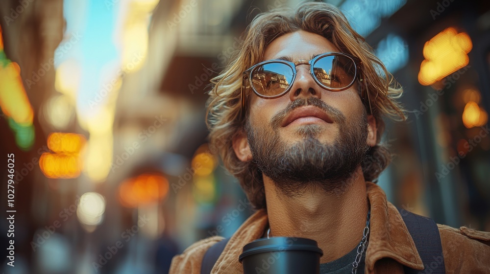 Young man enjoying a coffee while walking through a vibrant urban street in the afternoon light, surrounded by shops and cafes Young man enjoying a coffee while walking through a vibrant urban street in the afternoon light, surrounded by shops and cafes