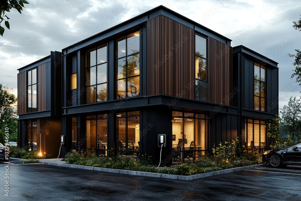 Architectural design of a modern office building with dark wood and black metal panels, large windows, located in a parking lot with electric car charging, in ratio Architectural design of a modern office building with dark wood and black metal panels, large windows, located in a parking lot with electric car charging, in ratio