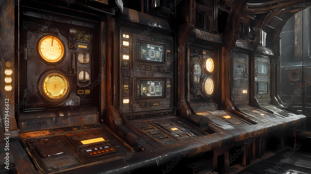 An old, abandoned nuclear power plant control room, with retro-futuristic technology and vintage furniture. The lighting is dimly lit by the flickering lights of various instruments Generative AI. An old, abandoned nuclear power plant control room, with retro-futuristic technology and vintage furniture. The lighting is dimly lit by the flickering lights of various instruments Generative AI.