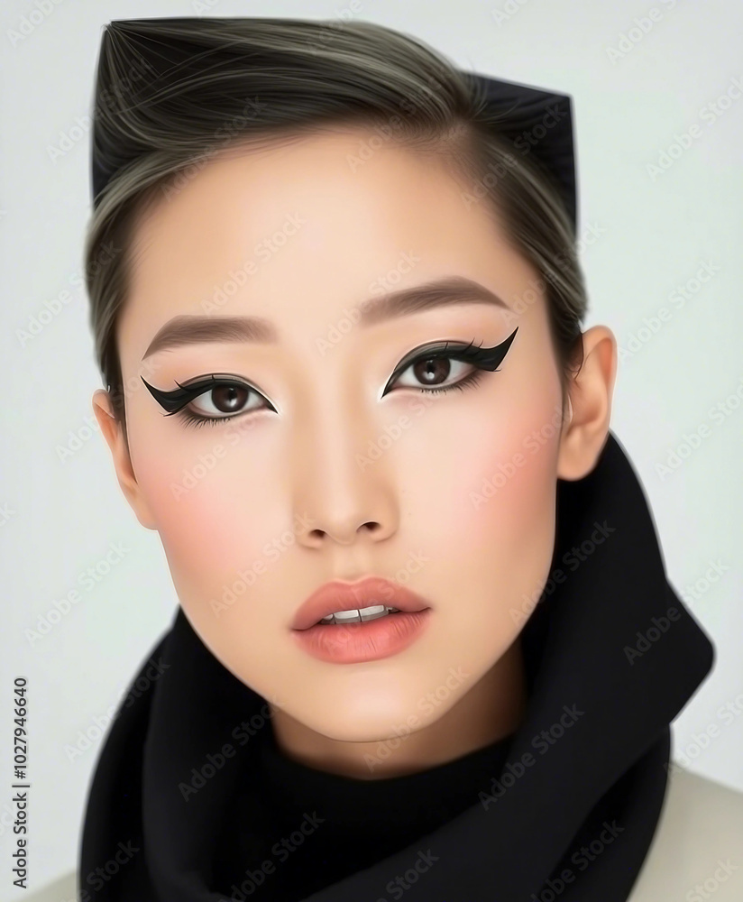 Close-up portrait of a woman with striking eyeliner and natural makeup. Her short dark hair adds to the modern and confident look against a plain background.
Close-up portrait of a woman with striking eyeliner and natural makeup. Her short dark hair adds to the modern and confident look against a plain background.