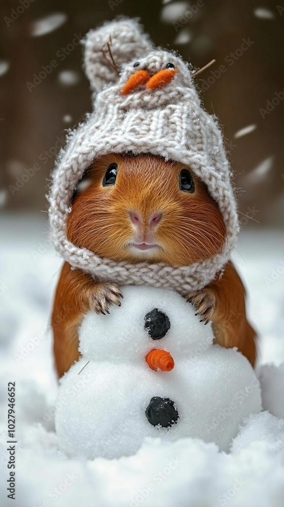 Adorable guinea pig wearing a knitted snowman hat, hugging a tiny snowman in a snowy winter scene. Cute and whimsical animal portrait capturing holiday cheer. Adorable guinea pig wearing a knitted snowman hat, hugging a tiny snowman in a snowy winter scene. Cute and whimsical animal portrait capturing holiday cheer.