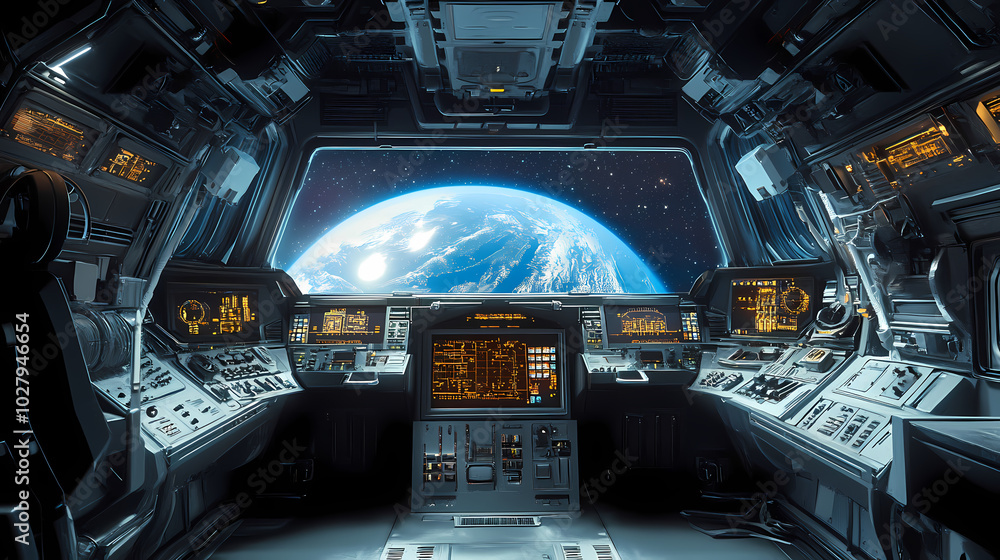 Fototapeta premium Spaceship interior with a view of the planet Earth from the cockpit, a sci-fi concept. Generative AI.