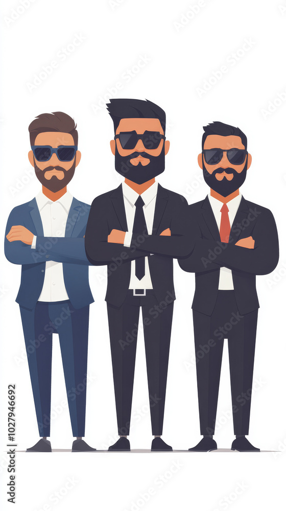 Three men in suits and sunglasses stand with their arms crossed. Three men in suits and sunglasses stand with their arms crossed.