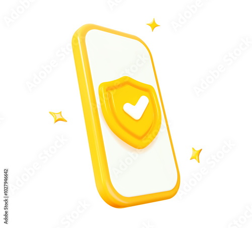 3d yellow phone with shield security icon. Concept of secure protection. Stock vector illustration.