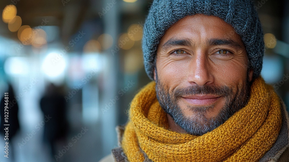 Smiling man wearing a knit hat and scarf poses warmly in a bustling urban setting during the day Smiling man wearing a knit hat and scarf poses warmly in a bustling urban setting during the day