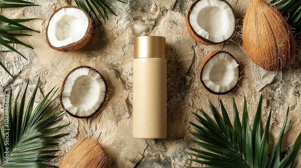 A bottle of lotion rests beside coconuts and palm leaves on a stone surface, surrounded by palm leaves A bottle of lotion rests beside coconuts and palm leaves on a stone surface, surrounded by palm leaves