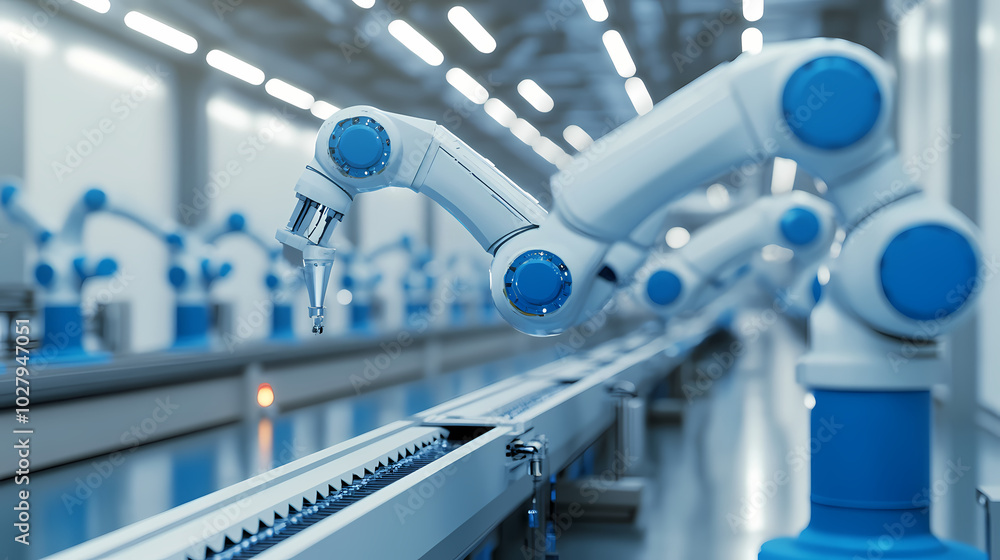 3D render of industrial blue and white robotic arms on a wall with a lot of gears in the background, a white and gold color theme, 3D render of industrial blue and white robotic arms on a wall with a lot of gears in the background, a white and gold color theme,