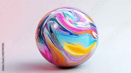 Vibrant swirls of color blend seamlessly on a glossy spherical surface, creating a mesmerizing marble-like orb that captivates with its dynamic, fluid patterns.