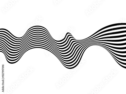 Black on white abstract perspective line wave stripes with 3d dimensional effect isolated on white.