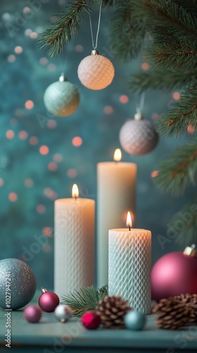 Festive holiday scene with glowing candles, pastel ornaments, and pine branches creating a serene Christmas atmosphere against a teal background. photo