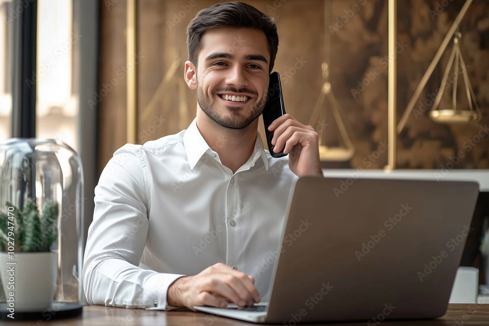 Smiling Businessman Talking on Phone at Desk Smiling Businessman Talking on Phone at Desk