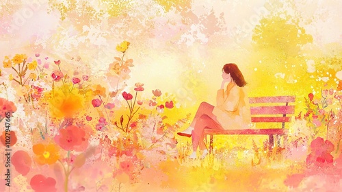 Wallpaper Mural   A woman sitting on a bench amidst a sunny meadow of flowers Torontodigital.ca