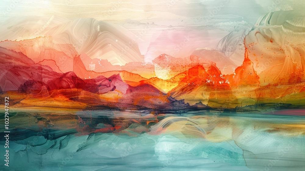 Fototapeta premium Abstract painting with vivid colors, depicting a mountain range at sunset with a lake in the foreground