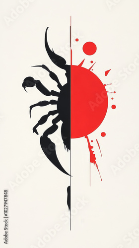 Abstract design with a black scorpion and a red circle, on a white background. photo