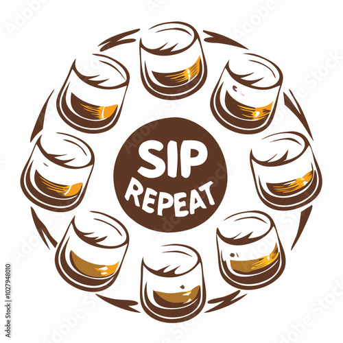 Circle of whiskey glasses with Sip Repeat text