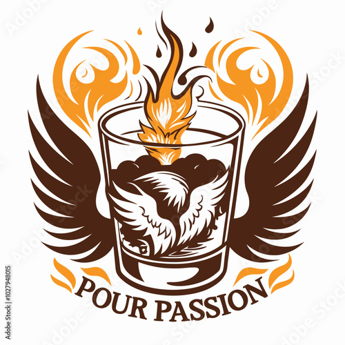 Flaming whiskey glass with wings and Pour Passion text