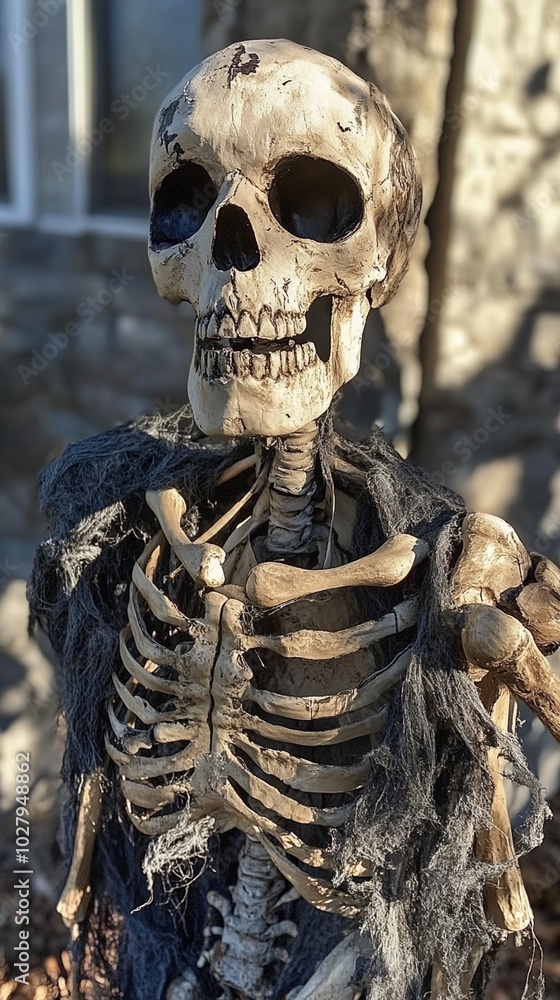Eerie Halloween skeleton decoration with realistic bone structure and weathered appearance stands outdoors, casting shadows in bright sunlight. Eerie Halloween skeleton decoration with realistic bone structure and weathered appearance stands outdoors, casting shadows in bright sunlight.