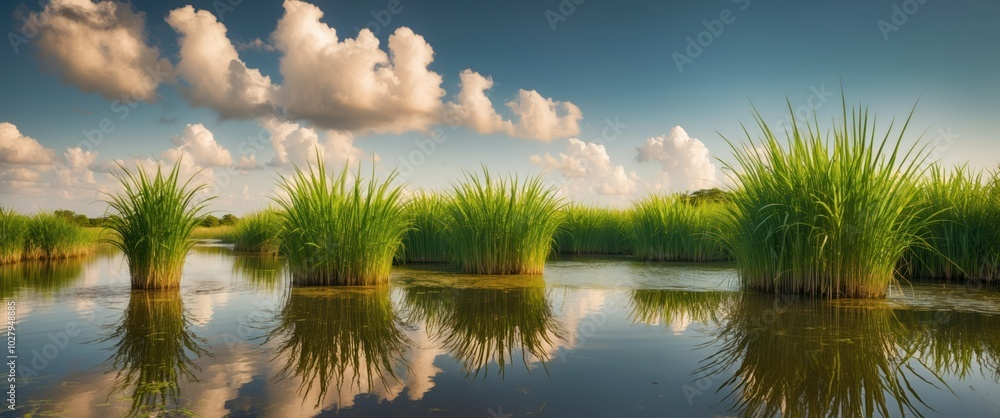 Lush green grass rising from calm water reflects scenic clouds and blue sky, creating a tranquil outdoor landscape perfect for relaxation. Lush green grass rising from calm water reflects scenic clouds and blue sky, creating a tranquil outdoor landscape perfect for relaxation.
