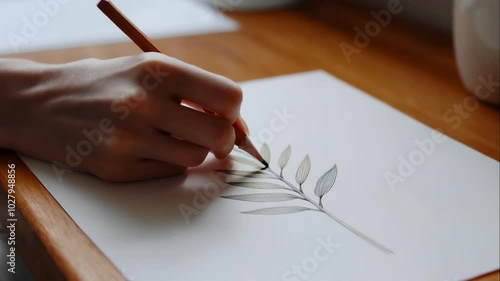 A hand drawing a plant with a pencil