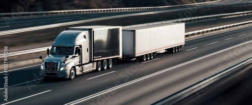 Fast-moving truck on highway, showcasing transport efficiency and modern logistics in an urban setting.