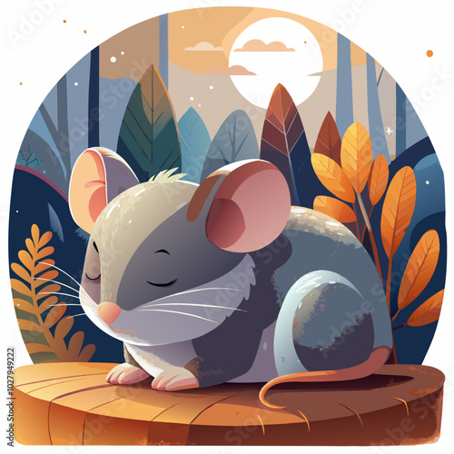 Sleeping mouse with a calm expression in a serene forest setting under moonlight