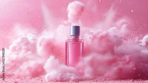 Isolée, une bouteille en verre élégante renferme un parfum floral, un arôme de rose et d’embrun, symbole de luxe et de beauté en cosmétique.