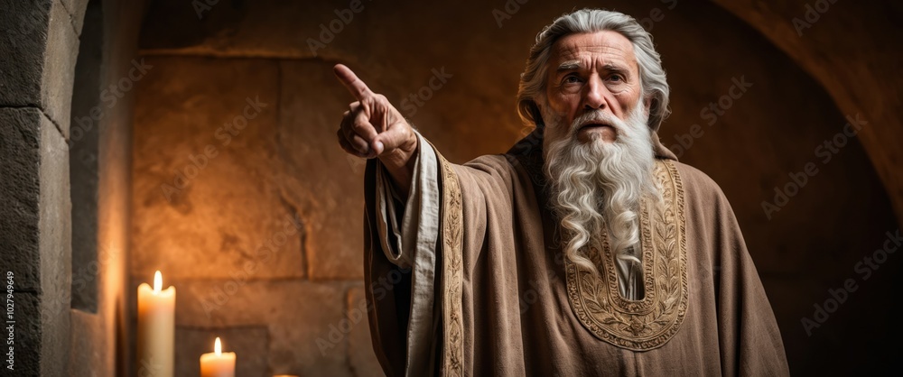 Old man with a beard gestures dramatically in a medieval setting with candles, embodying wisdom and authority in a mystical atmosphere. Old man with a beard gestures dramatically in a medieval setting with candles, embodying wisdom and authority in a mystical atmosphere.
