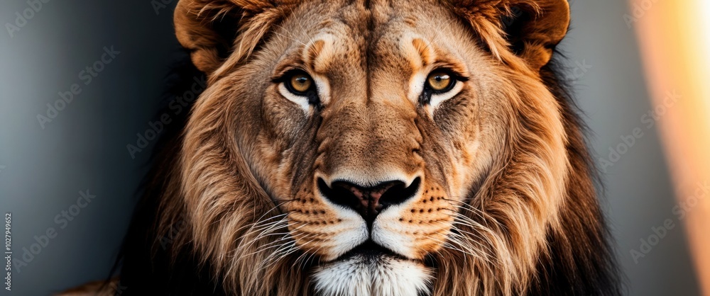 Naklejka premium Stunning close-up portrait of lion showcases majestic features and intense eyes, symbolizing strength and power in the wildlife realm.