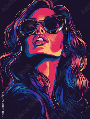 A stylish woman poses confidently with long wavy hair and oversized sunglasses, showcasing a vibrant color palette and striking features