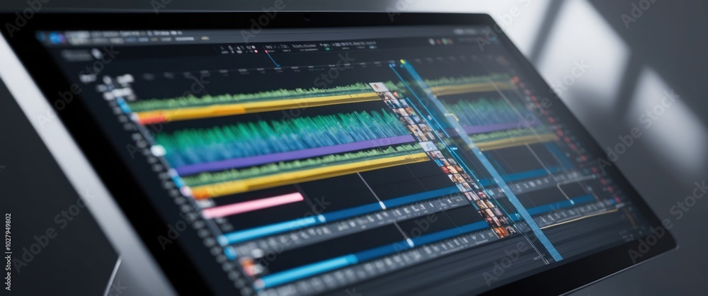 Digital editing screen showcasing audio tracks and waveforms, ideal for music production or sound engineering in creative environments. Digital editing screen showcasing audio tracks and waveforms, ideal for music production or sound engineering in creative environments.