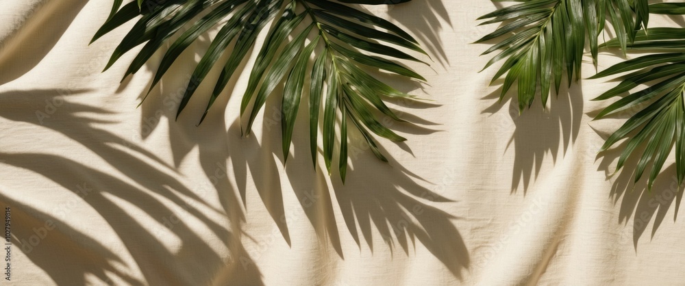 Green palm leaves casting shadows on textured fabric, creating a tranquil and elegant atmosphere ideal for relaxation and decor. Green palm leaves casting shadows on textured fabric, creating a tranquil and elegant atmosphere ideal for relaxation and decor.