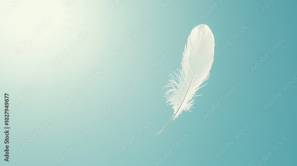 A white feather soaring above a clear blue sky, bathed in warm sunlight A white feather soaring above a clear blue sky, bathed in warm sunlight
