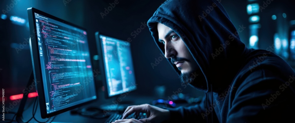 Focused programmer in a hoodie working on computer code in a dark, illuminated environment, showcasing technology and coding culture. Focused programmer in a hoodie working on computer code in a dark, illuminated environment, showcasing technology and coding culture.