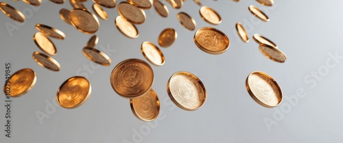 Falling coins create a sense of wealth and financial opportunity. Suitable for concepts related to finance, investment, and prosperity. photo