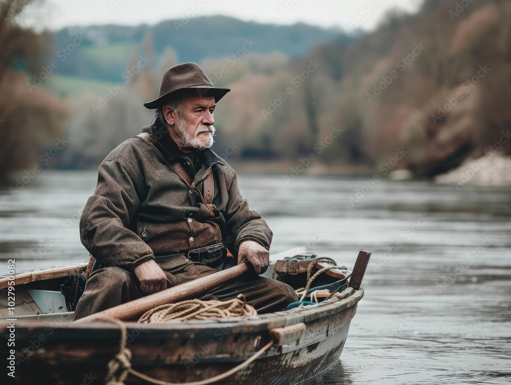 An elderly man fishing alone in a wooden boat on a calm river surrounded by trees in early morning light An elderly man fishing alone in a wooden boat on a calm river surrounded by trees in early morning light