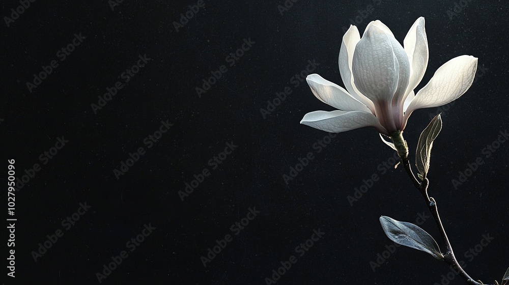 Close-up of white flower on twig with water droplets and black backdrop Close-up of white flower on twig with water droplets and black backdrop
