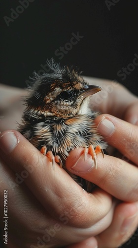 Tiny, fluffy baby bird nestled in gentle hands, its delicate feathers and closed eyes evoking a sense of fragility and nurture against a dark background. photo