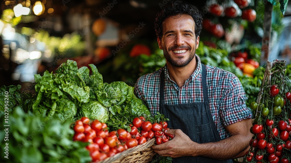 Smiling seller at a vibrant farmer's market showcasing fresh produce in the afternoon sunlight Smiling seller at a vibrant farmer's market showcasing fresh produce in the afternoon sunlight