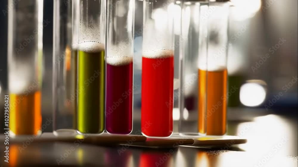 A row of test tubes filled with colored liquids A row of test tubes filled with colored liquids