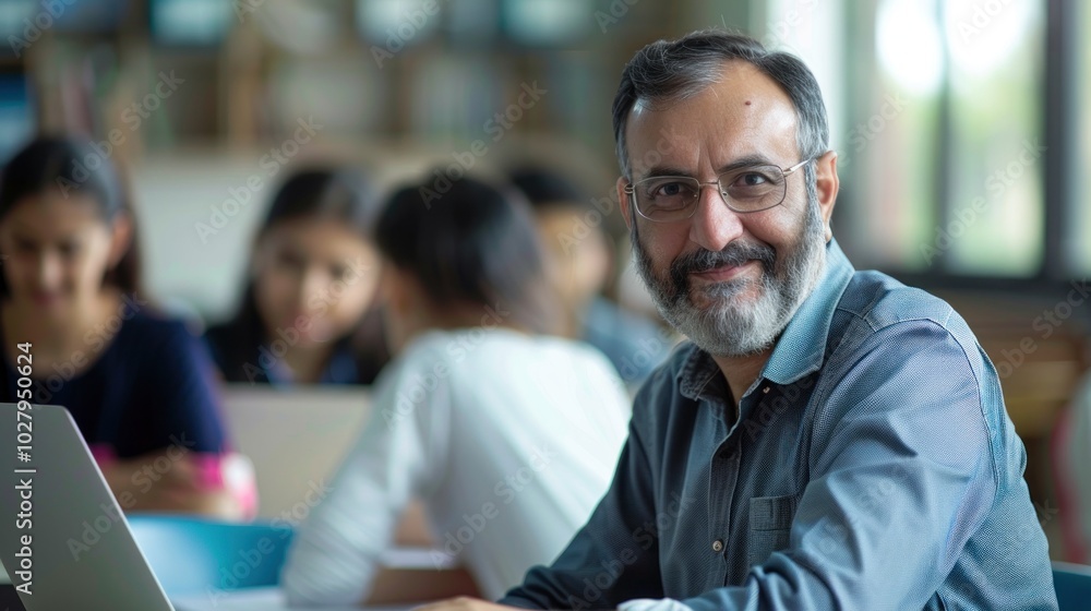 A Middle Eastern male teacher in his 50s interacts with high school students using a laptop in a well-equipped classroom fostering a dynamic learning environment A Middle Eastern male teacher in his 50s interacts with high school students using a laptop in a well-equipped classroom fostering a dynamic learning environment