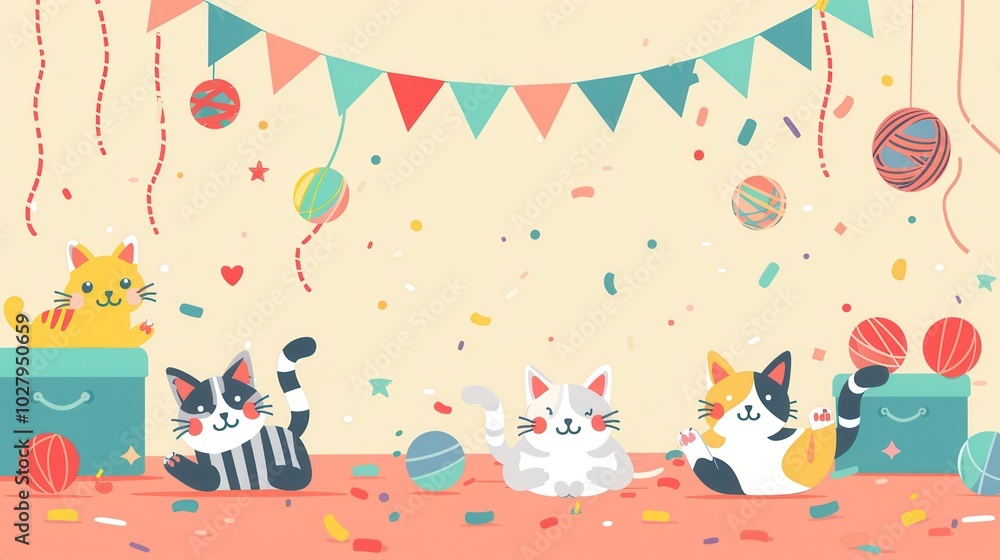 Obraz premium Four playful cats are enjoying their time with various colorful yarn balls and toys in a cheerful and decorated environment. Generative AI