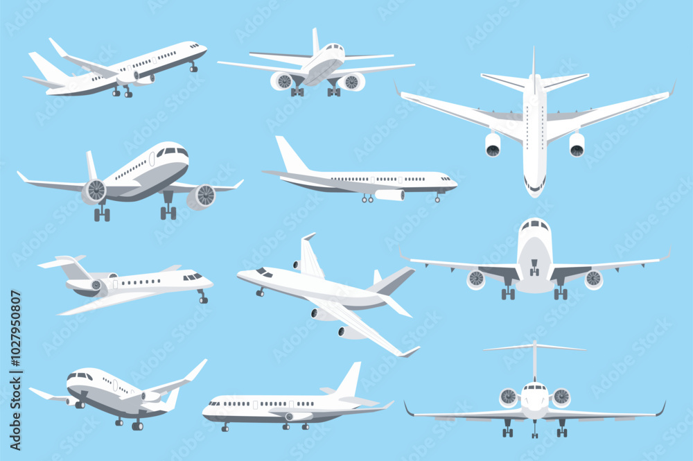 Airplanes in different angles mega set elements in flat graphic design. Collection objects of air transport in front, side, top and back view. Passenger or cargo plane flight. Vector illustration. Airplanes in different angles mega set elements in flat graphic design. Collection objects of air transport in front, side, top and back view. Passenger or cargo plane flight. Vector illustration.