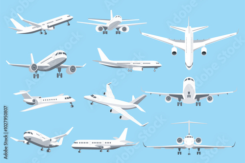 Airplanes in different angles mega set elements in flat graphic design. Collection objects of air transport in front, side, top and back view. Passenger or cargo plane flight. Vector illustration.