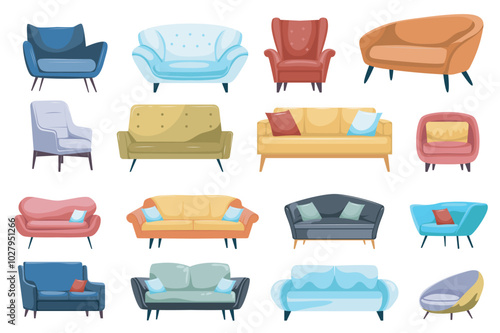 Sofas and armchairs mega set elements in flat graphic design. Collection objects of different styles and colors couches, ottomans and chairs with pillows. Home interior furniture. Vector illustration.