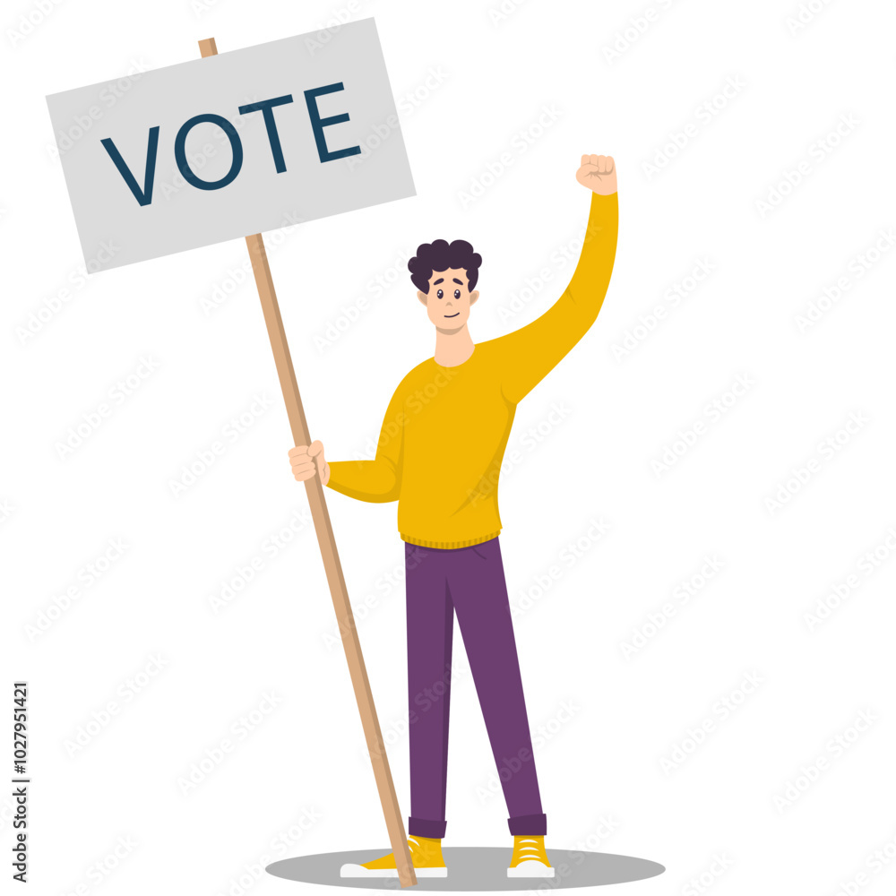 Fototapeta premium Young man, activist calls to vote. Banner for election. Vector illustration