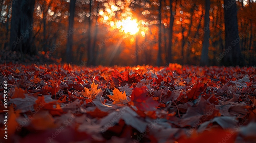 A forest filled with red and yellow leaves is in the foreground as the sun shines through the trees in the background A forest filled with red and yellow leaves is in the foreground as the sun shines through the trees in the background