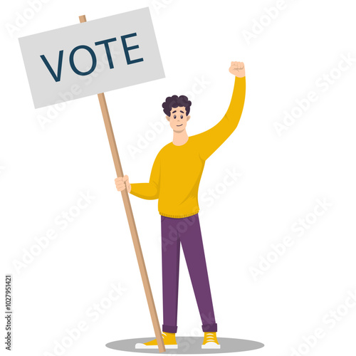 Young man, activist calls to vote. Banner for election. Vector illustration